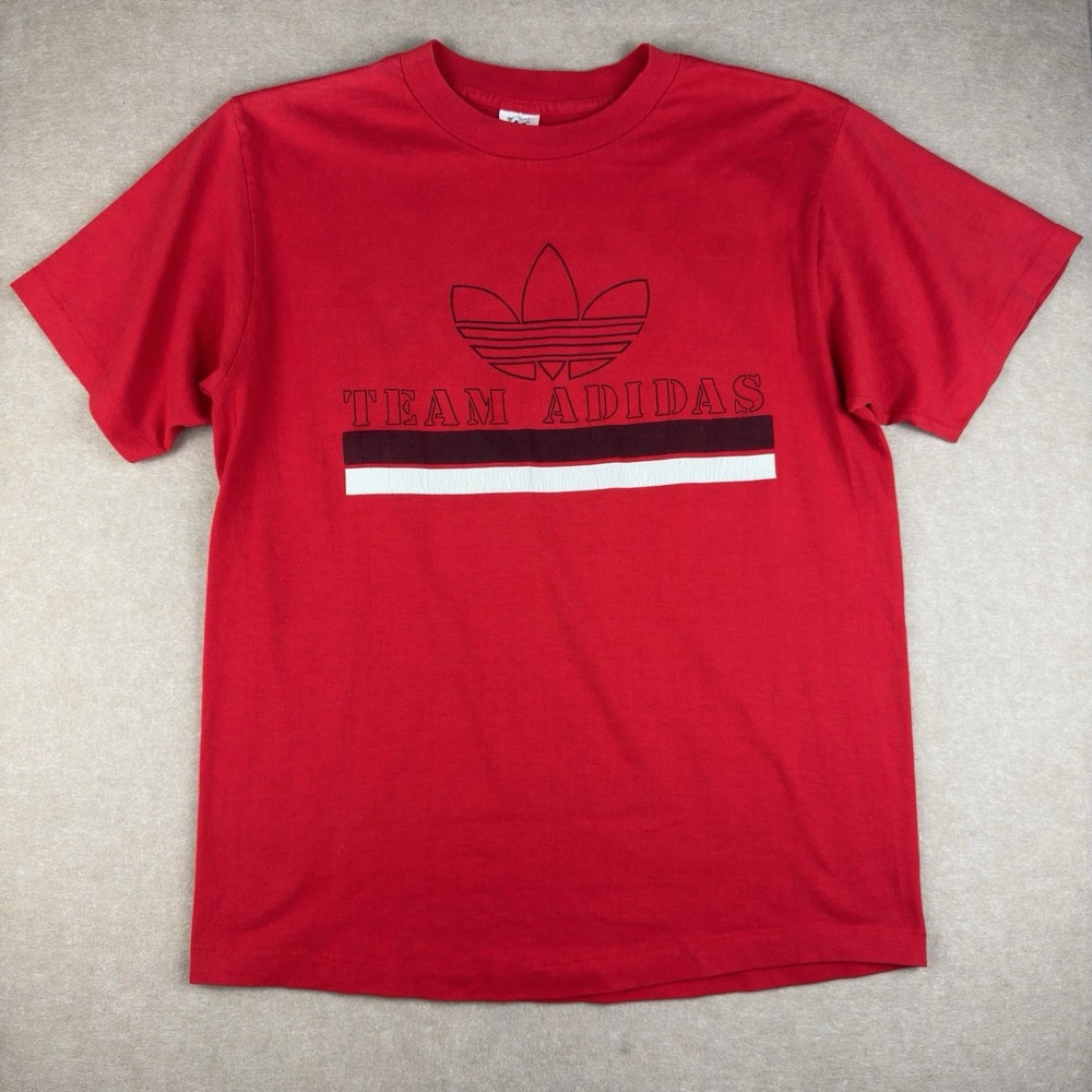 Vintage Adidas Team T-Shirt L Red Trefoil Logo Double Side Single Stitch USA